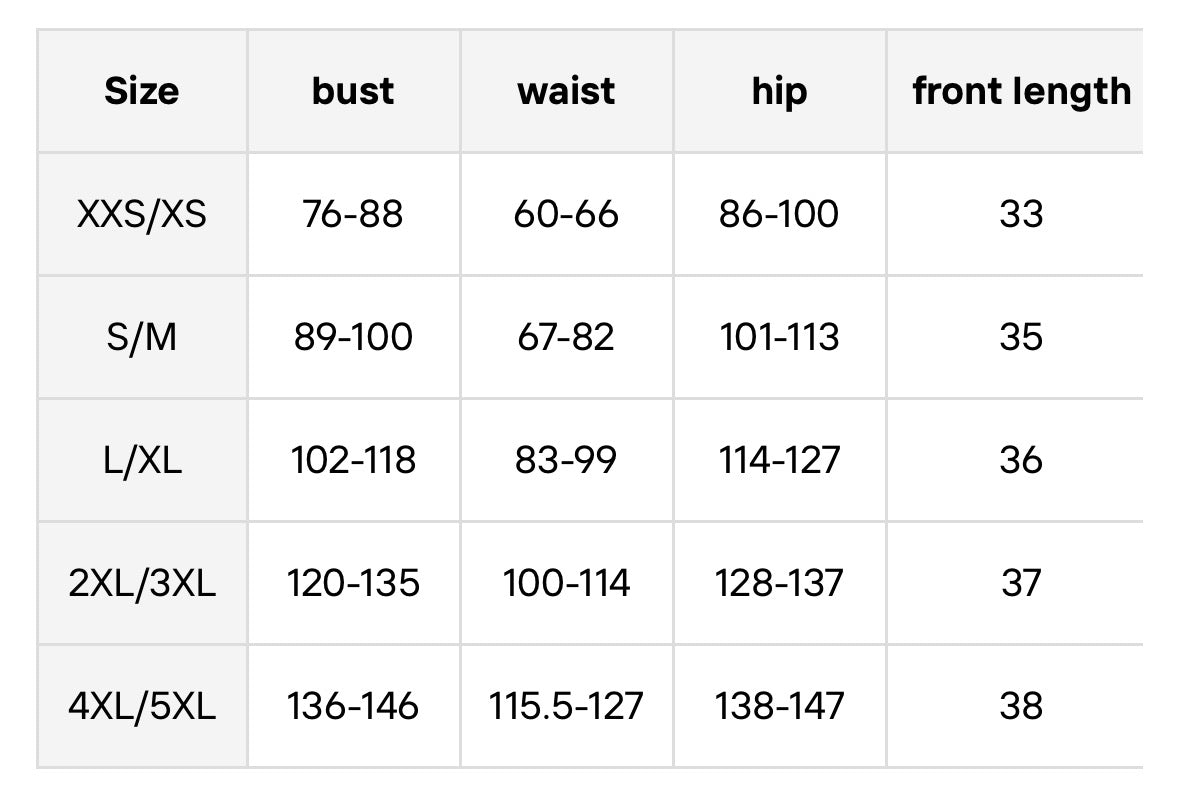 Storleksguide för shapewear: XXS/XS till 4XL/5XL